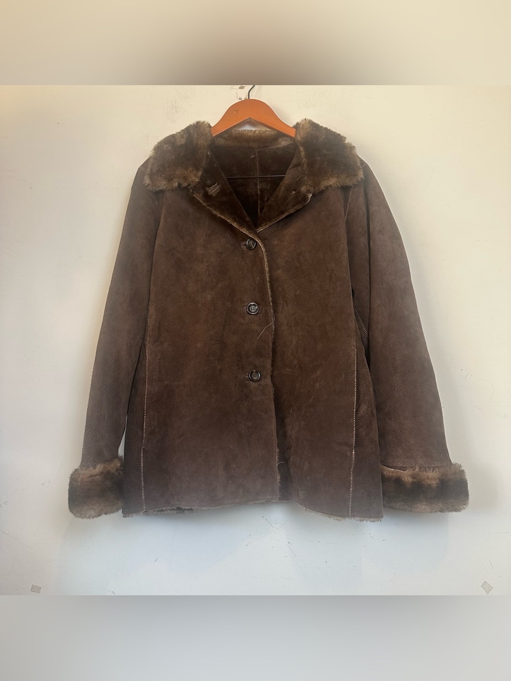 VTG New York & Company Womens L Suede Coat Brown Lined Faux Fur Trim Collar Cuff